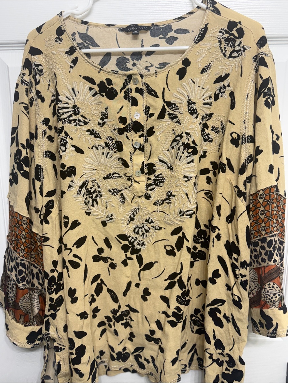 John Mark 3X Embroidered Floral Patchwork Tunic Artsy Boho Art to Wear